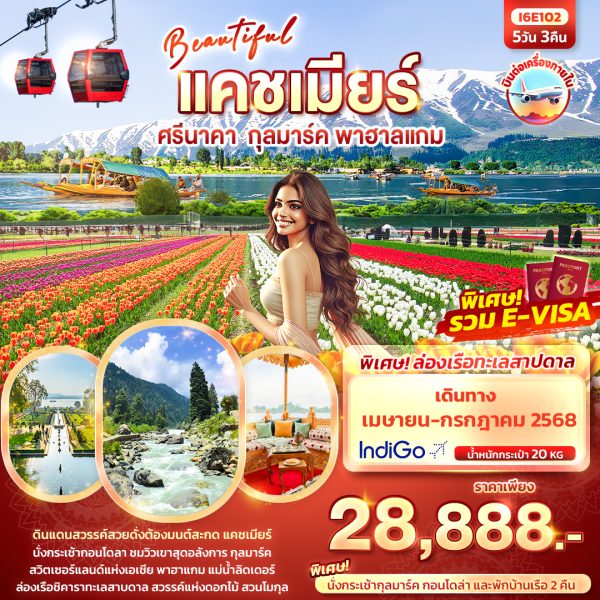 BEAUTYFUL KASHMIR ศรีนาคา กุลมาร์ค พาฮาลแกม 5วัน 3คืน 6E