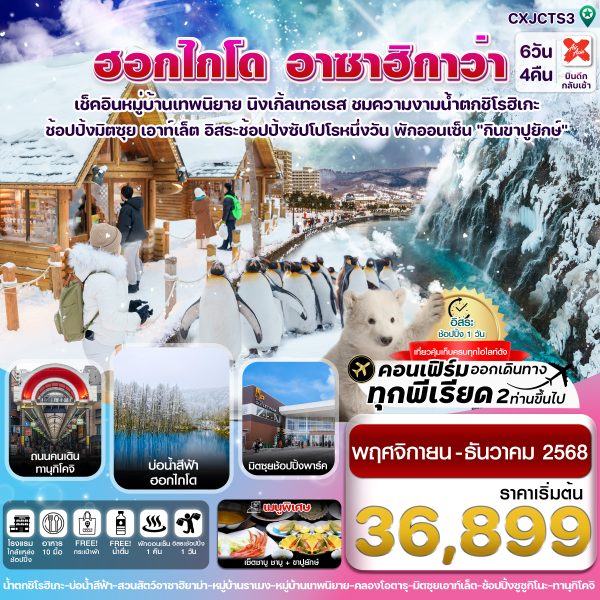 ฮอกไกโด อาซาฮิกาว่า หมู่บ้านเทพนิยาย อิสระช้อปปิ้งหนึ่งวัน 6วัน 4คืน บิน XJ