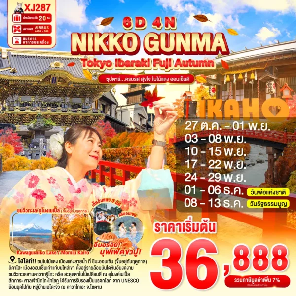 TOKYO IBARAKI NIKKO GUNMA FUJI AUTUMN 6D 4N BY XJ ซุปตาร์...ครบรส สุขใจ ใบไม้แดง ออนเซ็นดี